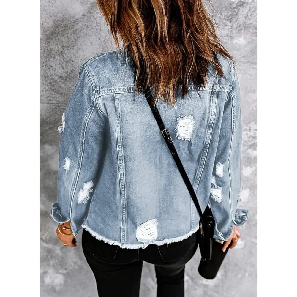 Women's Boyfriend Washed Crop Denim Jean Jacket Coat Casual Slim Fit Sky Blue - Picture 2 of 6